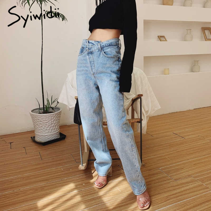 Syiwidii Irregular High Waisted Mom Jeans for Women Straight Street Full Length Denim Pants Clothes Fashion Spliced 210922