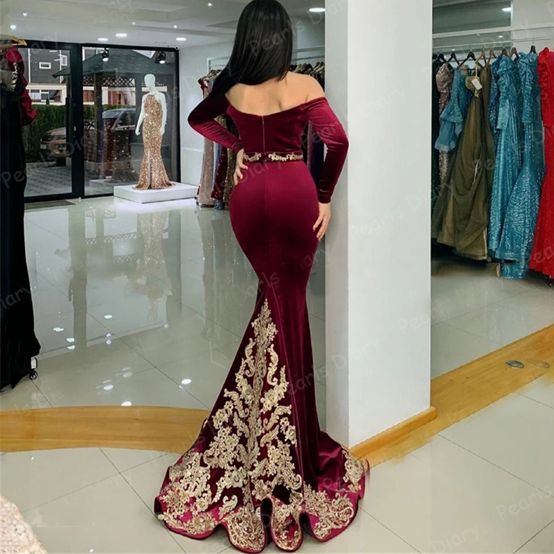 Burgundy Evening Dresses Formal Off Shoulder Dubai Saudi Arabic Velvet Long Sleeve Mermaid Prom Gowns 2021 Robes