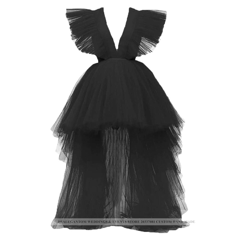 Sexy Deep V-Line Hi-Lo Tulle Formal Evening Dresses With Ruffles Prom Party Gowns BE02