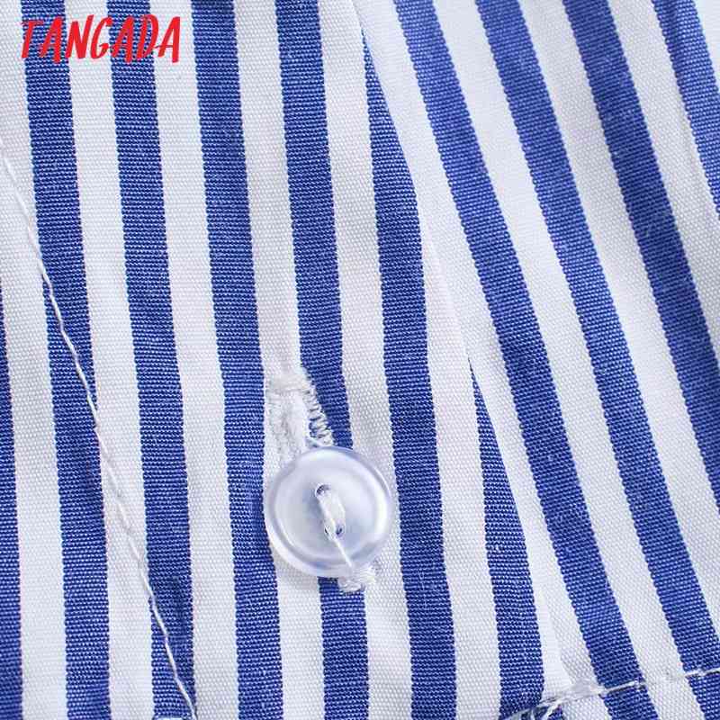 Women Retro Blue Striped Crop Turn Down Collar Chic Female Shirt Tops 4M07 210416