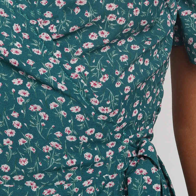 Women V Neck Floral Print Beach Long Dress Flare Short Sleeve Casual Maxi Dress Summer Bandage Wrap Dress Femme Robe 210414