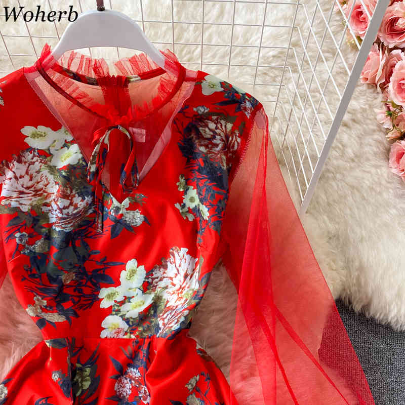 Women Dress Spring Gauze Patchwork Floral Chiffon Dresses Vintage Elegant Long Sleeve Large Swing Vestidos Mujer 210519