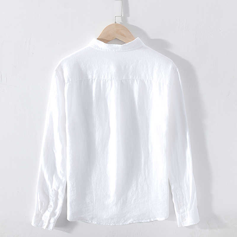 Pure Linen Shirts for Men Long Sleeve Casual Turn-down Collar Basic Classic Tops Male Fashion Solid Color Retro Clothing 210708
