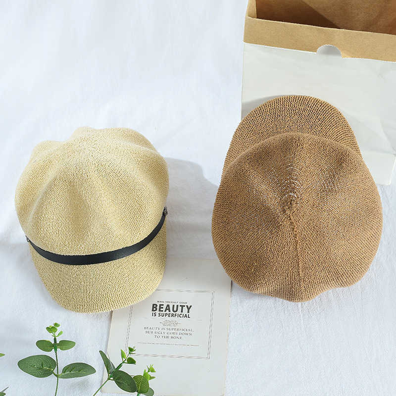 Summer Octagonal Caps Short Brim Newsboy Cap Breathable Straw Hats for Women Belt Buckle Sun Beach Hat Berets Chapeau Homme Bone Q0805