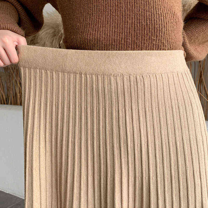 Winter Thickened Rib Knitted Large Swing Maxi Long Skirts Elegant Solid A-line Pleated Ankle Length Knit Skirts Coffree Beige 211119