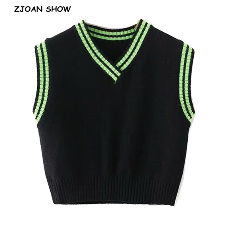 Preppy Style Green Strip Black Knitted Sweater Vest Women 90's Vintage Korean Clothing Striped V Neck Tank Top Y2K Knitwear 210429