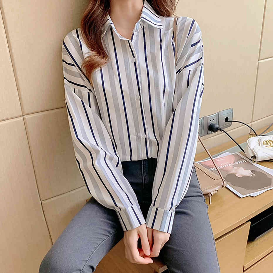 2XL Korean Large Size Vertical Striped Shirt Women Spring Autumn Retro Long Sleeve Work Shirt Elegant OL Blusa Plus Size 210412