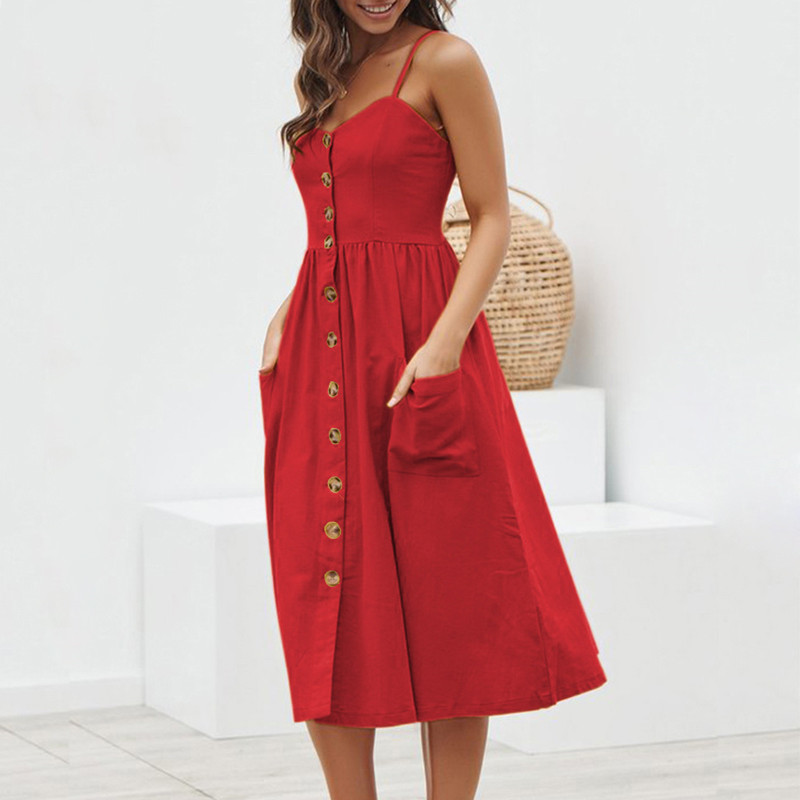 Elegant Button Sexy Dresses Women Straps V Neck Off Shoulder Backless Pocket Midi Vintage Lady Beach Summer Vestidos 210522