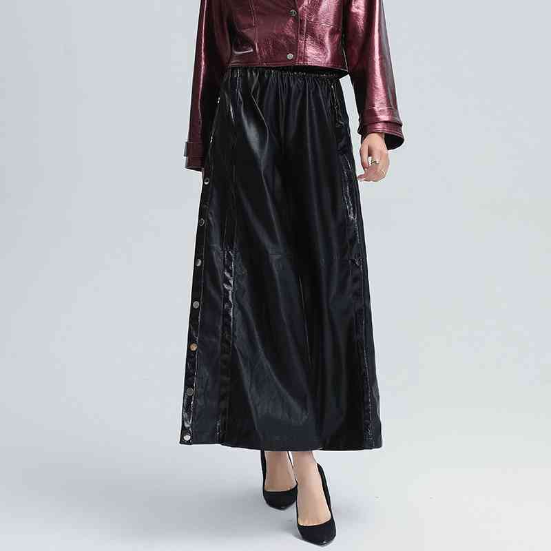 Casual PU Full Length Pant For Women High Waist Patchwork Loose Black Wide Leg Trousers Female Autumn Clothing 210521