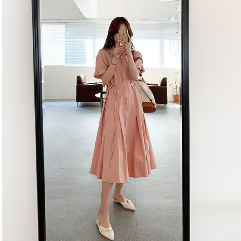 Casual Midi Dress French Korean Short Sleeve Belt Temperament Loose Fit Fashion Summer Women's 2P1661 210526