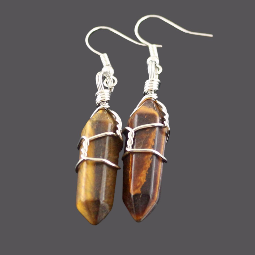 Wired Wrap Bullet Earrings Natural Amethysts Opal Turquoises Quartz Dangle Earrings Healing Reiki Stone Pendulum Earrings Women