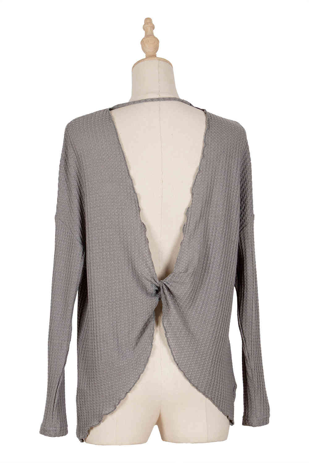 Autumn O-Neck Long Sleeve Twist Back Knitted T Shirt Women Sexy Backless Loose Solid Casual Ladies Tops Clothes 210510