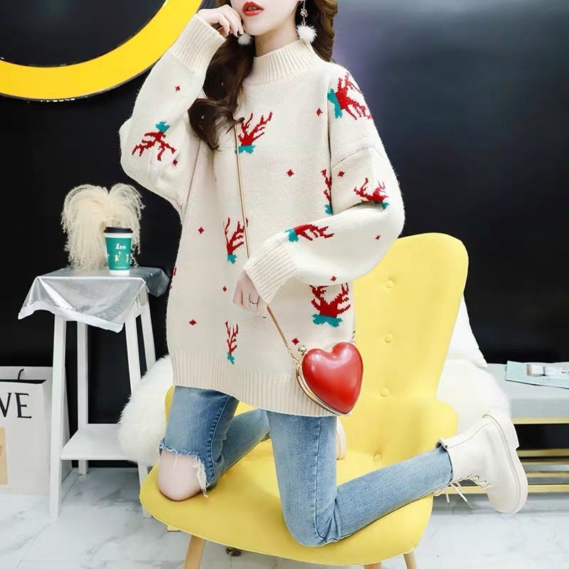 Large Size Sweater Women's Mid-length Autumn And Winter Loose Net Red Snowflake Models Fashion Shirt 210427