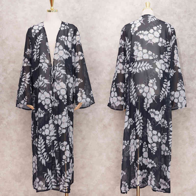 Bikini Cover-ups Boho Printed Long Kimono Cardigan Plus Size White Black Chiffon Tunic Women Beach Wear Swim Suit Cover Up A225 210420