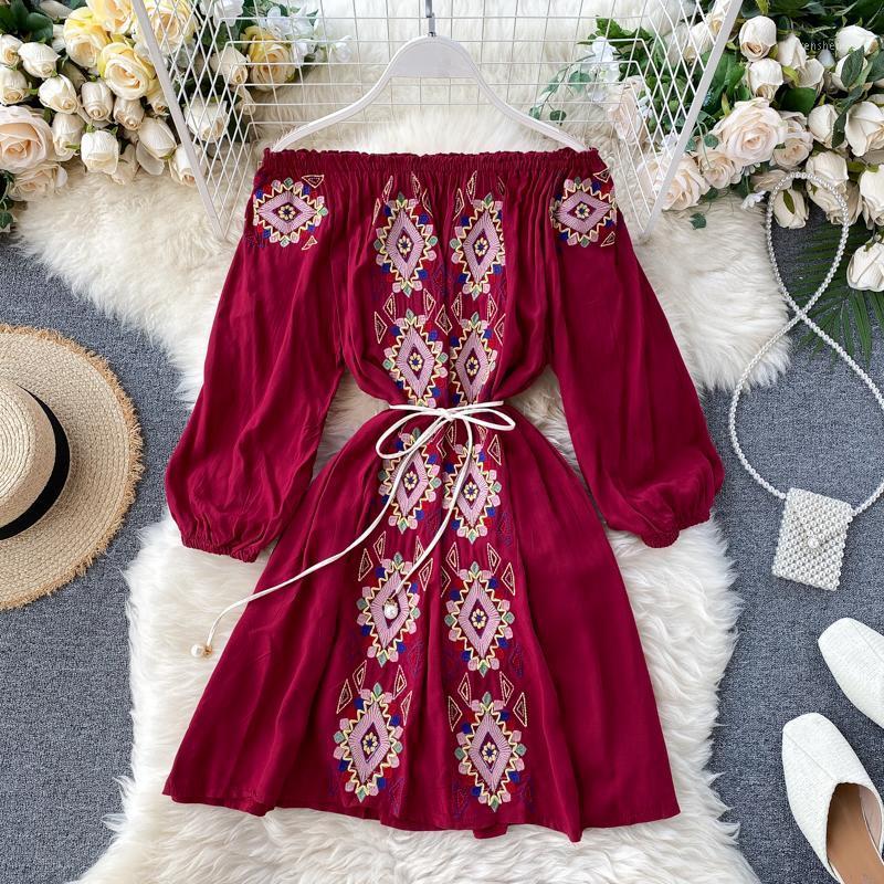 Casual Dresses YIZZHOY Summer Women Bohemian Embroidery Lantern Sleeve Short Dress Ladies Geometric Pattern Ethnic Style Loose, Red 
Casual Dresses YIZZHOY Summer Women Bohemian Embroidery Lantern Sleeve Short Dress Ladies Geometric Pattern Ethnic Style Loose, Red