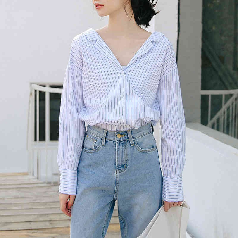Chic Backless Striped Blouse Women V Neck Batwing Long Sleeve Loose Shirt Lady Bow Tie Ladies Tops Blusa Feminina 210508