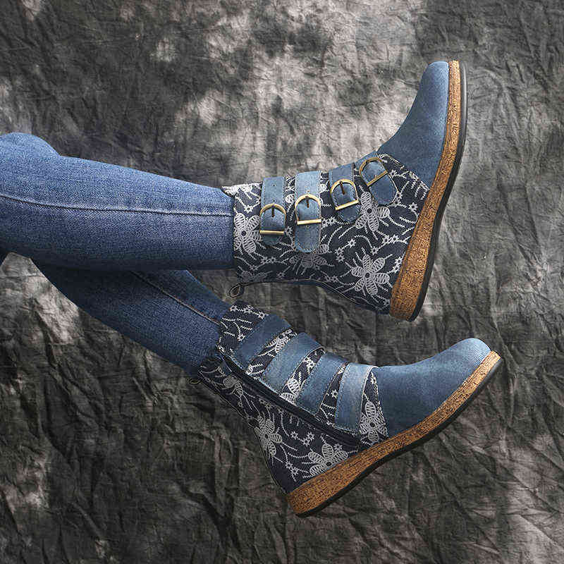 Socofy Women Boots Retro Printed Metal Buckle Soft Leather Zipper Ankle Ladies Shoes Botines Mujer 211105