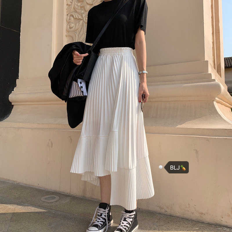 Vintage High Waisted Skirt Women Spring Autumn Teens School Girls Frill Pleated Ruffles Patchwork Long Midi Black Goth Skirts 210619