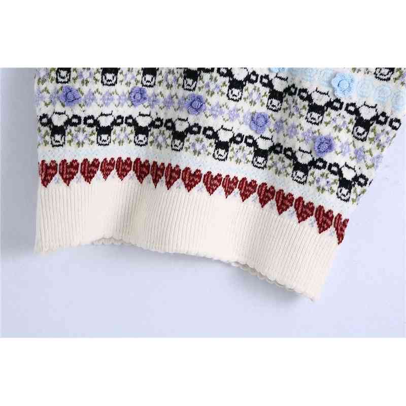 Vintage Women Animal Jacquard Sweaters Vest Fashion Ladies V-Neck Knitted Tops Elegant Female Chic Floral Pullovers 210430