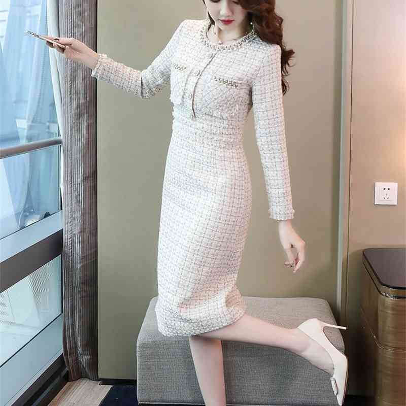 Fashion Women Tweed Long sleeve Midi Dresses Autumn Winter Beading Office OL Bodycon sheath Dress Vesitdos 210519