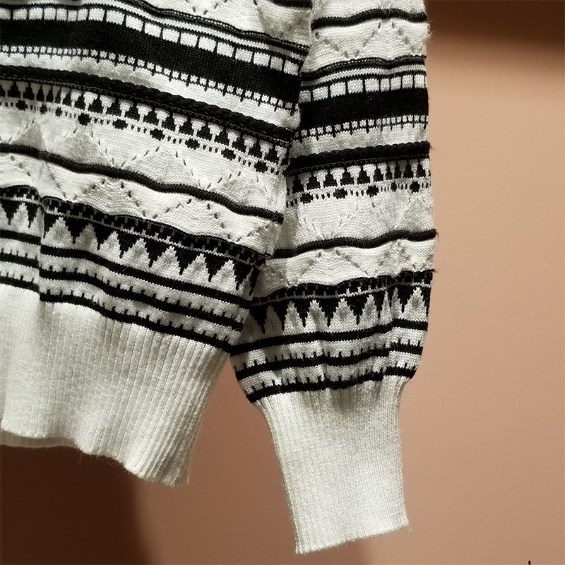 Women's Fashion Long Sleeve V-Neck Retro Striped Jacquard Knit Pullover Casual Short Top Sweater 210521