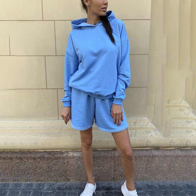 Womens Tracksuits 2 Piece Set Summmer Autumn Oversize Sweatshirt + Sporting Shorts Sweat Set Two Piece Outfit Solid Color Sets 210709