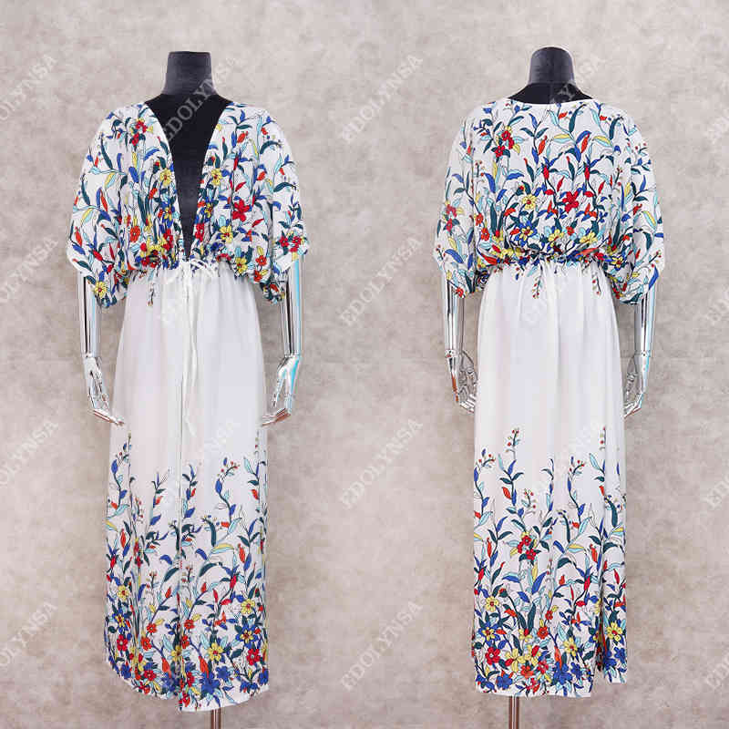 Cotton Long Beach Dress saida de Praia Cover up Kaftan Sarong Vestido Swim wear Ropa Playa Tunic #Q851 210420