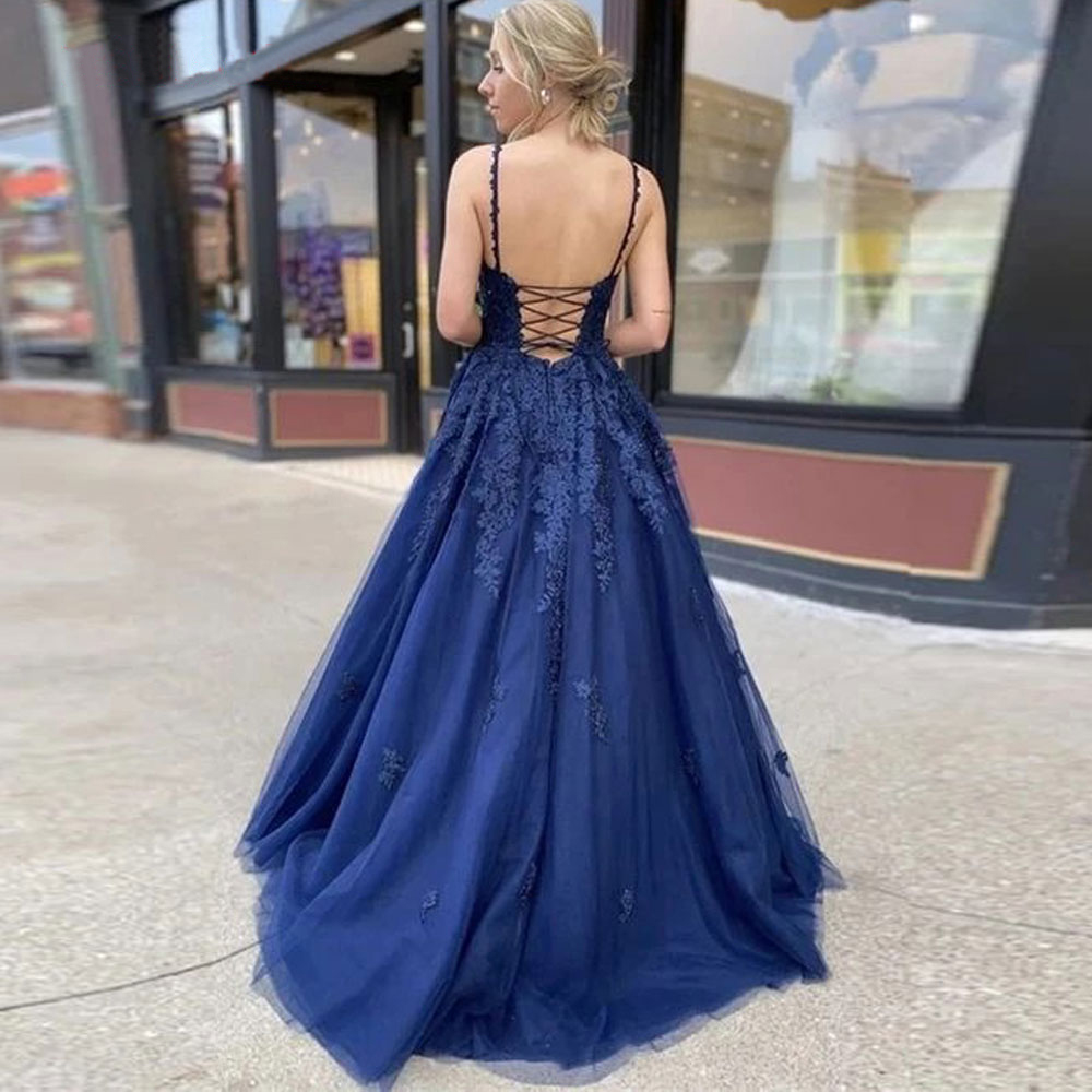 Lace Navy Blue V-Neck Vestidos de Fiesta de Noche Prom Party Evening Dresses Robe de Soiree Gown Frock Long Soft Tulle Lace-up