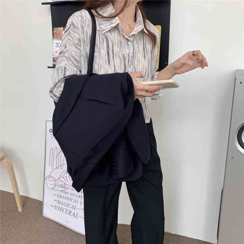 Green Full Sleeves Office Lady Striped Tops OL Casual Summer Brief Printed Lapel Vintage Outwear Femme Shirts 210421