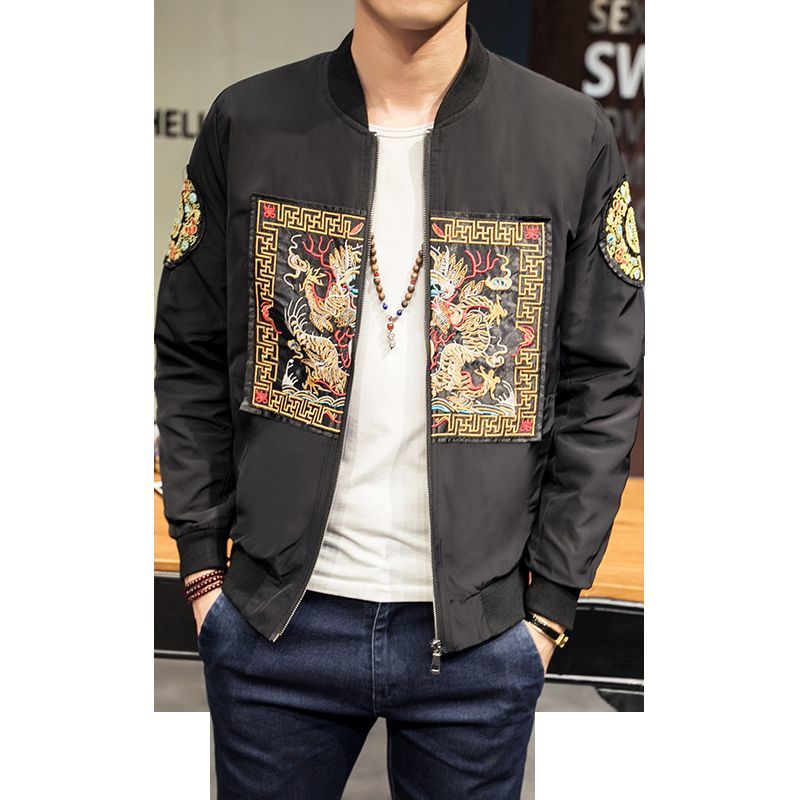 IEFB spring Loose Casual Bomber Jackets Men's Chinese Fashion Ragon Robe Embroidery Coats Zipper Black White Cloth 5XL 210524
