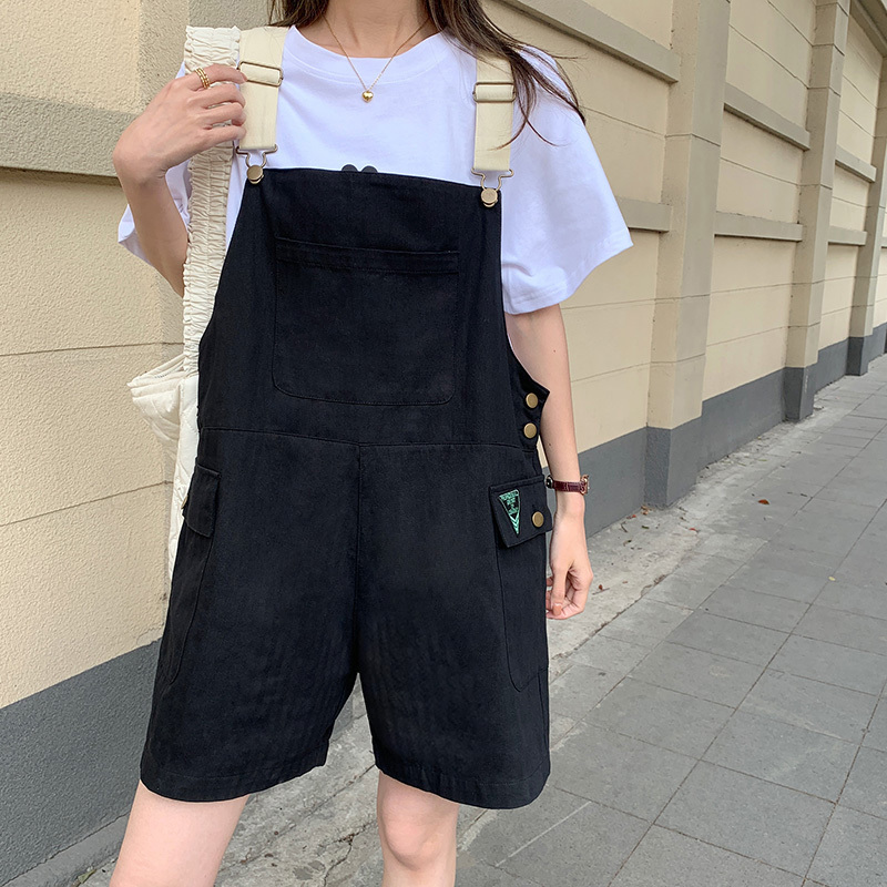 SML Summer korean preppy style Black Jumpsuit Denim Overalls Loose Casual Girls Beige Jeans Shorts womens (72852) 210423