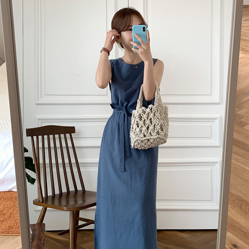 Casual Midi Dress Cotton Hemp Sleeveless Vest Belt Temperament Loose Fashion Summer Women's High Waist 210526