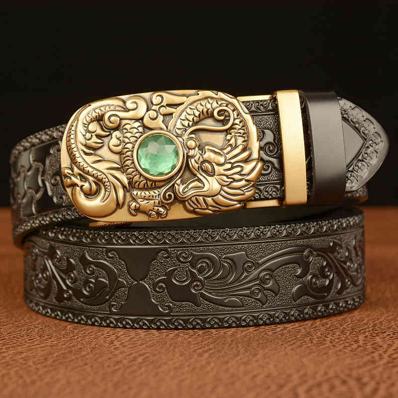 Waist Belt s Buckles National Style Tang Grass Pattern Carved Men's Genuine Cow Leather Personality Dragon Spitting Pearl Automatic Buckle Trouse