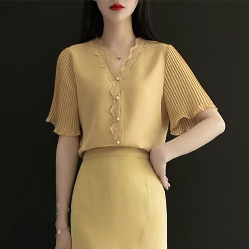 Short-sleeved Blouse Summer Chiffon Soft Lace Shirt V Collar White Top Ruffled Sleeve Women's and 14270 210427