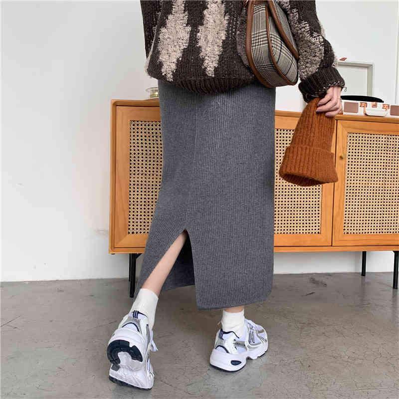 Autumn Winter High Waist Vintage Solid Knitted Skirt Female OL Elegant Fashion Package Hip Long Skirts Womens 4 Color 210421