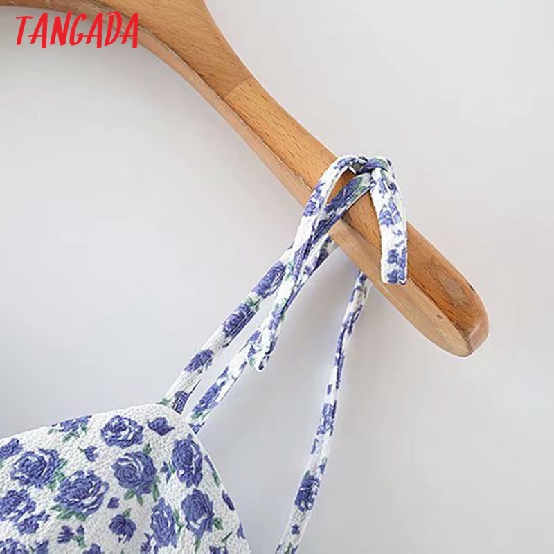 Summer Women Blue Floral Print Mini Strap Adjust Ladies Dress Vestidos 2M145 210416