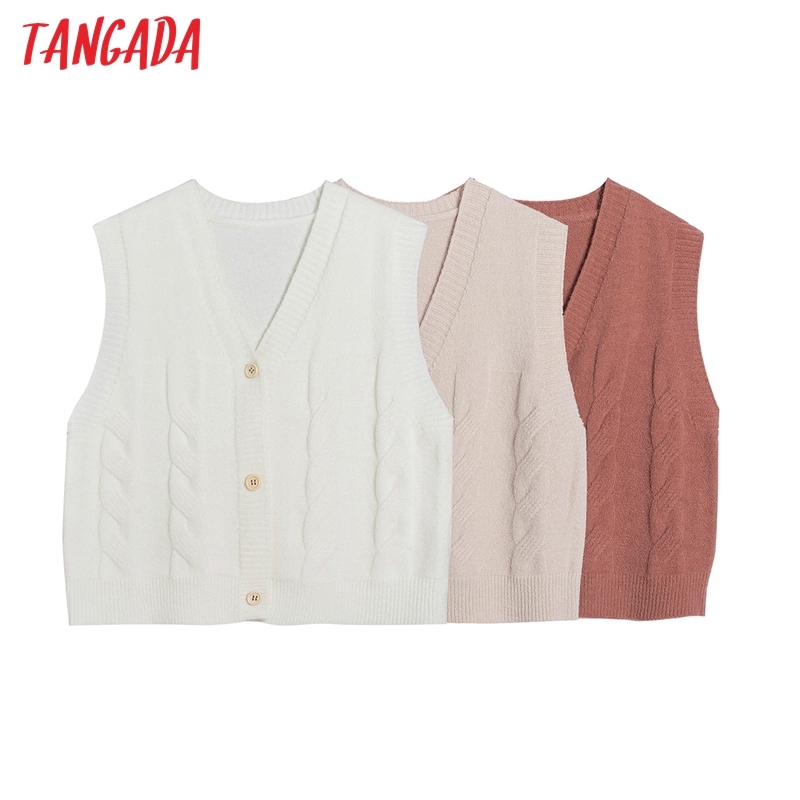 Women Vintage Basic Twist Oversized Knitted Vest V Neck Sweater Sleeveless Female Waistcoat Tops 6H13 210416