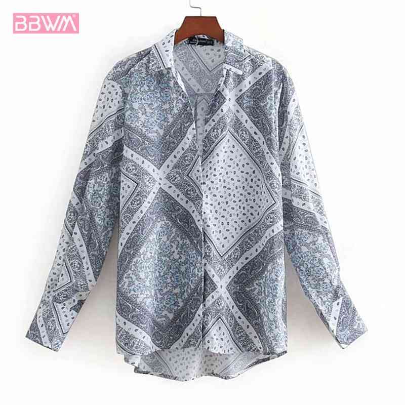 Elegant Lapel Long Sleeve Blouse Top: Chic Blue & White Porcelain Print For Women's Summer Fashion