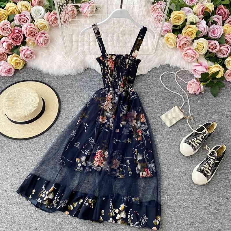 OCEANLOVE Summer Dress Floral Beach Style Mesh Chiffon Vestidos Moda Coreana Elegant Robes Sexy Vinatge Dresses Women 17160 210331Z