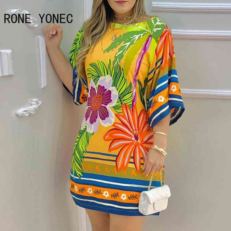 Women Elegant Dress Tropical Print Half Sleeve Casual Dress Summer Dress 210331