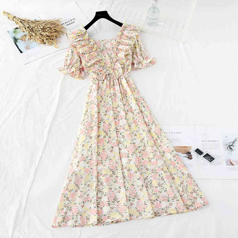 Purple chiffon dress Elegant V-neck Short Sleeve Women A-line Floral print Midi Dress Female Elastic Waist Party Vestidos 210521