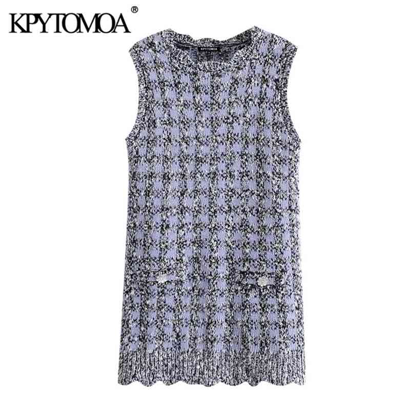 Women Sweet Fashion Bejewelled Buttons Plaid Knitted Mini Dress O Neck Sleeveless Female Dresses Mujer 210420