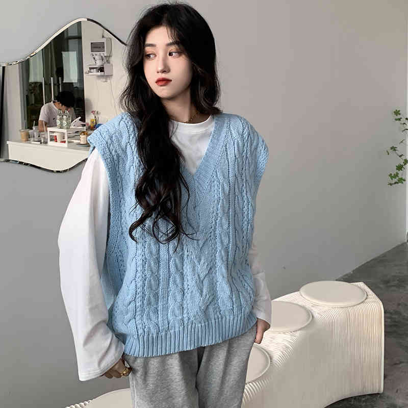 4 colors korean style V-neck soild color loose sleeveless vest sweaters womens knitted sweaters womens pullovers (C9831) 210423