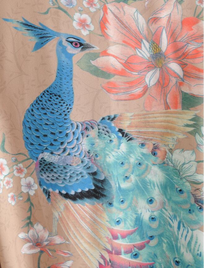 Bohemian V neck Peacock Flower Print Kimono Shirt Ethnic Lacing up Sashes Middle Long Cardigan Loose Blouse Tops femme 210429