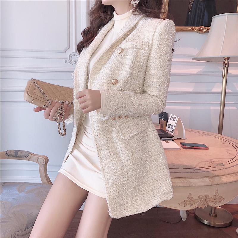 Runway Designer Blazer Women's Double Breasted Metal Button Long Sleeve Notched Collar Jacket Wool Blends Tweed Coat Suits & Blazers