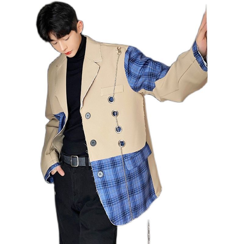 IEFB Korean blue paid color block patchwork blazers for men spring deisgn chian suit coat mens streetwear coat raw 9Y4396 210524