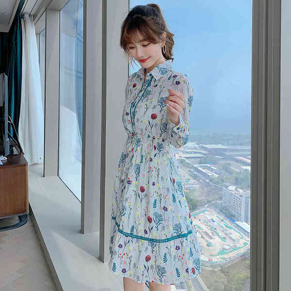 Spring Elegant Women High Waist A Line Dress Vestidos Vintage Fashion Flowers Turn Down Collar Long Sleeve Chiffon Party Dress 210518