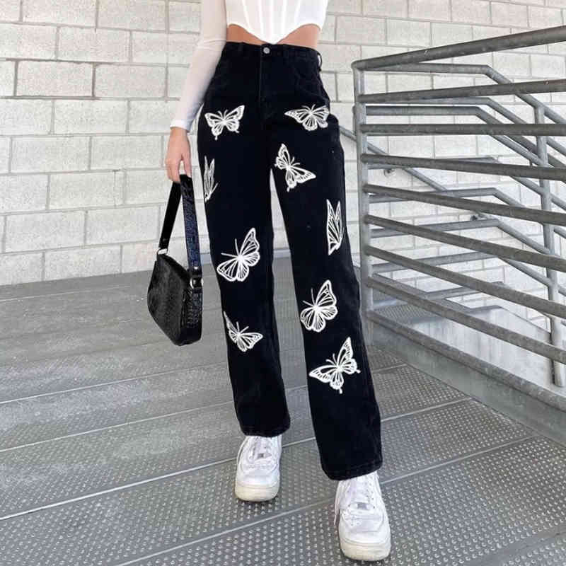 Women's Jeans Streetwear High Waist butterfly prited Vintage Straight Harajuku Denim Pants straight trousers 210524
