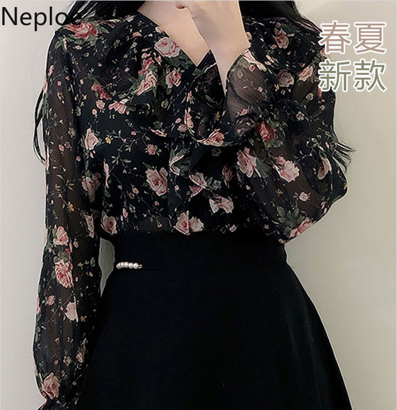 Neploe Korean Blouses for Women Floral Chiffon Shirts Long Sleeve Ruffles Elegant Lady Tops Fashion Blusas Mujer De Moda 210422