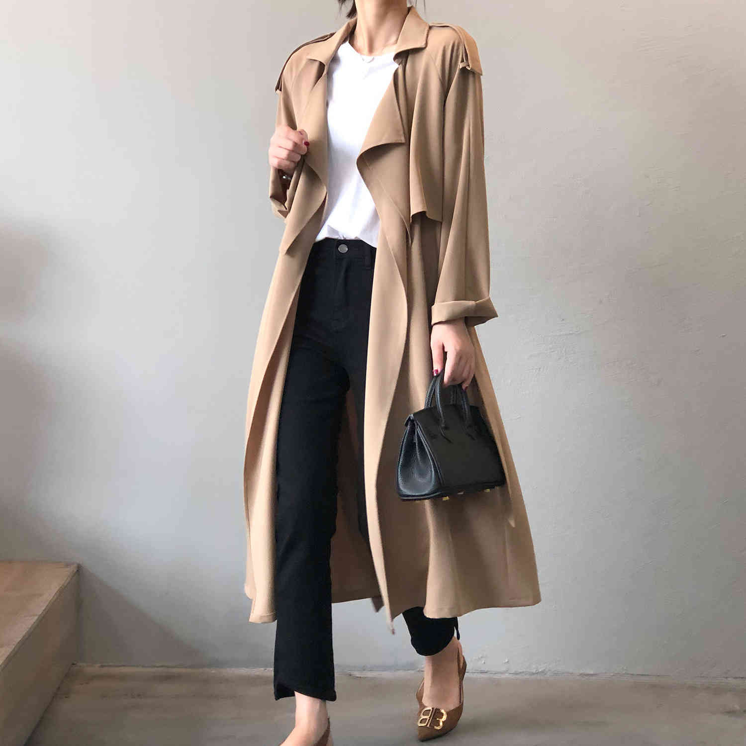 Business Suit Collar Long Sleeve Trench Autumn Casual Coat Female Loose Black Women 096E 210420